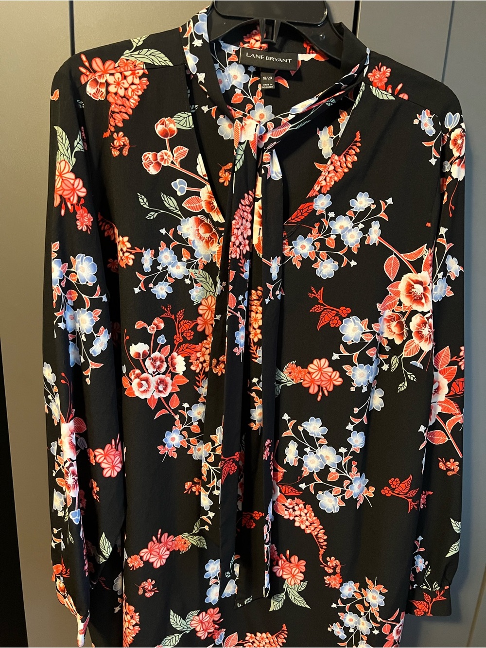 Lane Bryant Black Floral Tie-Neck Blouse with Red and Light Blue Blooms